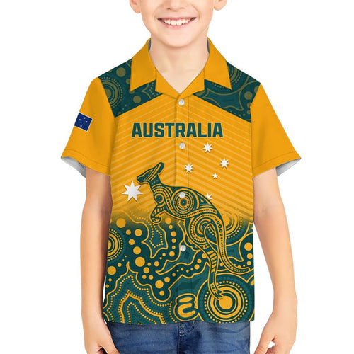 Custom Australia Rugby Family Matching Short Sleeve Bodycon Dress and Hawaiian Shirt Wallabies Aboriginal Pattern