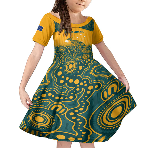 Custom Australia Rugby Kid Short Sleeve Dress Wallabies Aboriginal Pattern