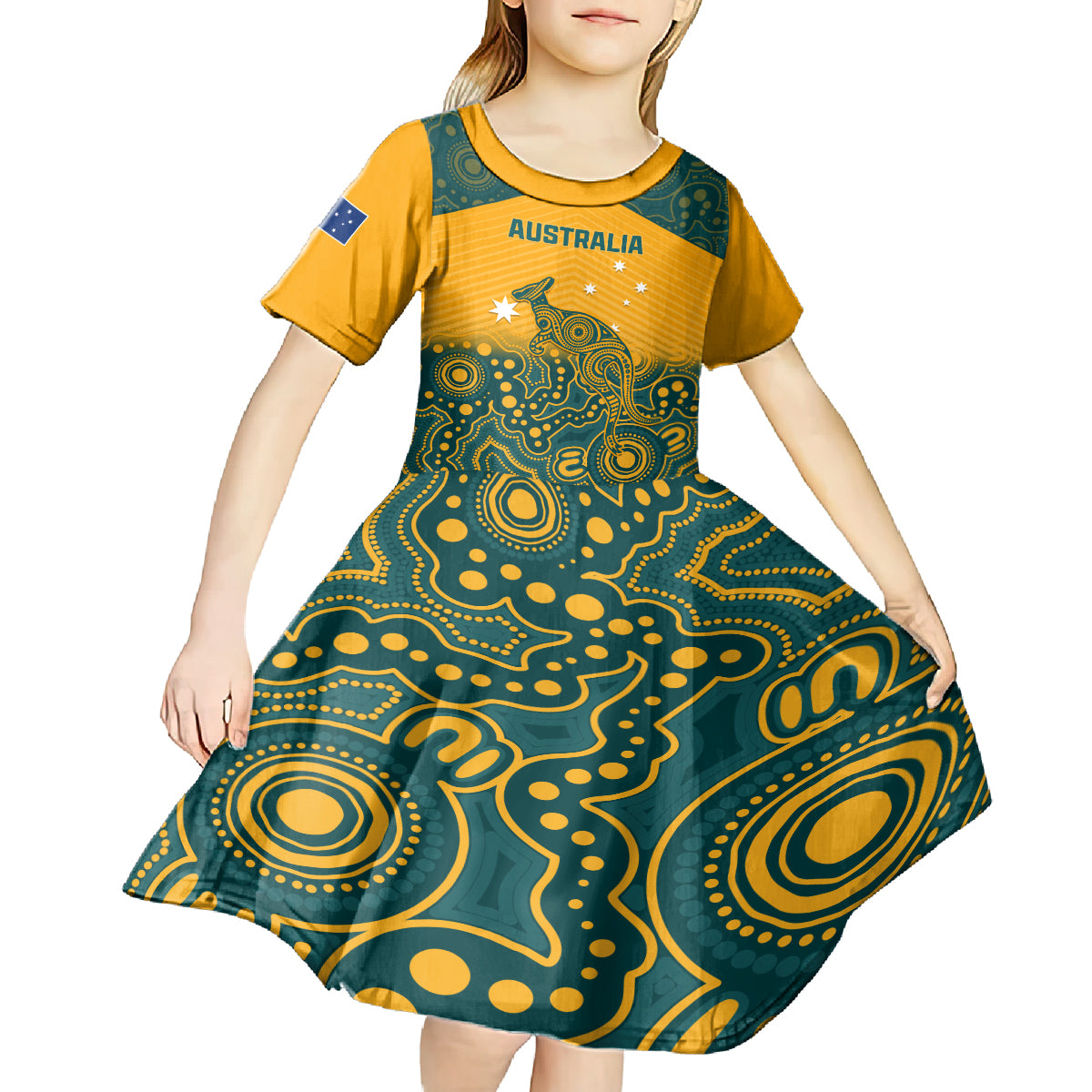 Custom Australia Rugby Kid Short Sleeve Dress Wallabies Aboriginal Pattern