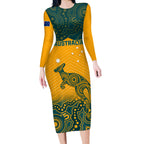 Custom Australia Rugby Long Sleeve Bodycon Dress Wallabies Aboriginal Pattern