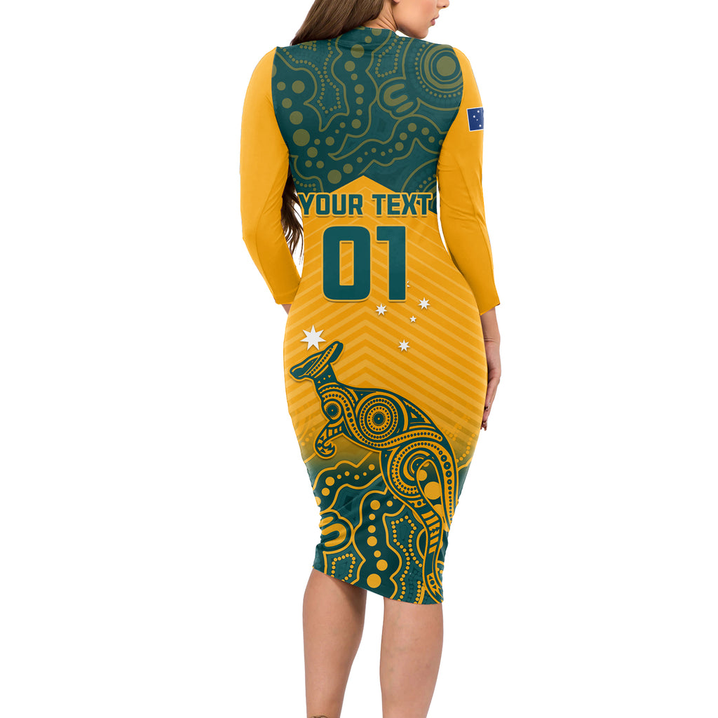 Custom Australia Rugby Long Sleeve Bodycon Dress Wallabies Aboriginal Pattern