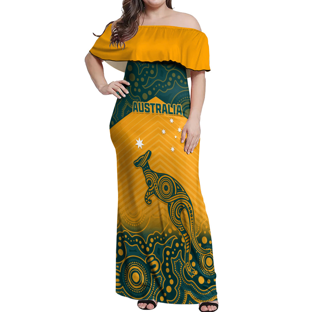 Custom Australia Rugby Off Shoulder Maxi Dress Wallabies Aboriginal Pattern