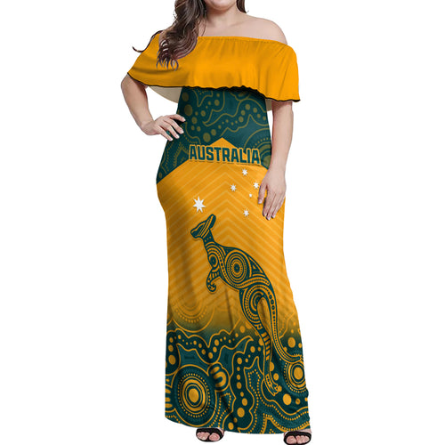 Custom Australia Rugby Off Shoulder Maxi Dress Wallabies Aboriginal Pattern