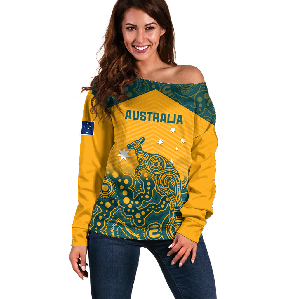 Custom Australia Rugby Off Shoulder Sweater Wallabies Aboriginal Pattern