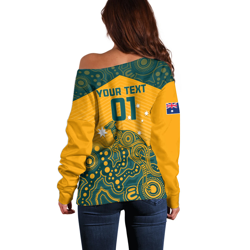 Custom Australia Rugby Off Shoulder Sweater Wallabies Aboriginal Pattern