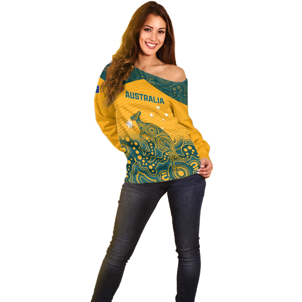 Custom Australia Rugby Off Shoulder Sweater Wallabies Aboriginal Pattern