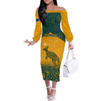 Custom Australia Rugby Off The Shoulder Long Sleeve Dress Wallabies Aboriginal Pattern