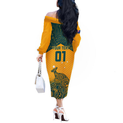 Custom Australia Rugby Off The Shoulder Long Sleeve Dress Wallabies Aboriginal Pattern