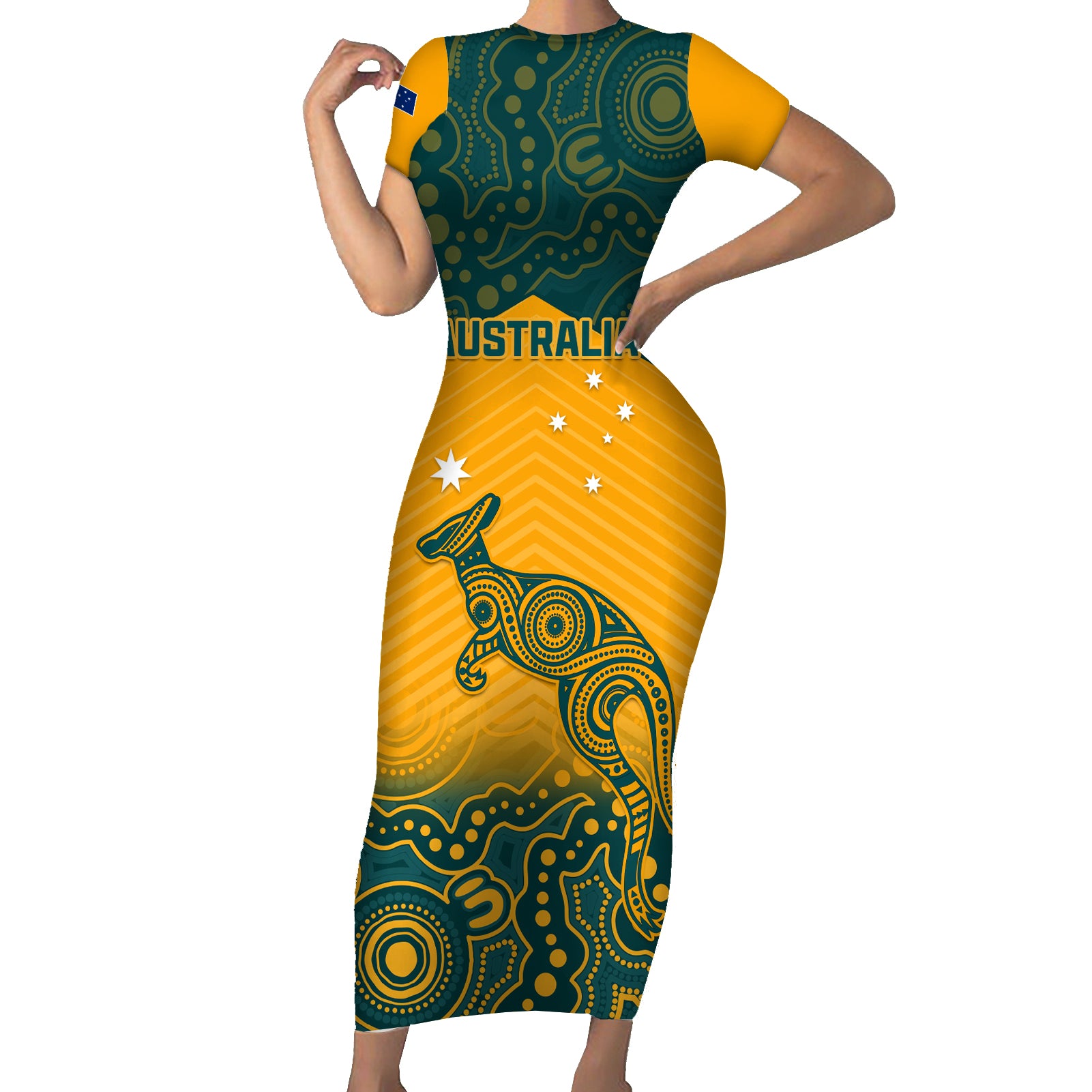 Custom Australia Rugby Short Sleeve Bodycon Dress Wallabies Aboriginal Pattern