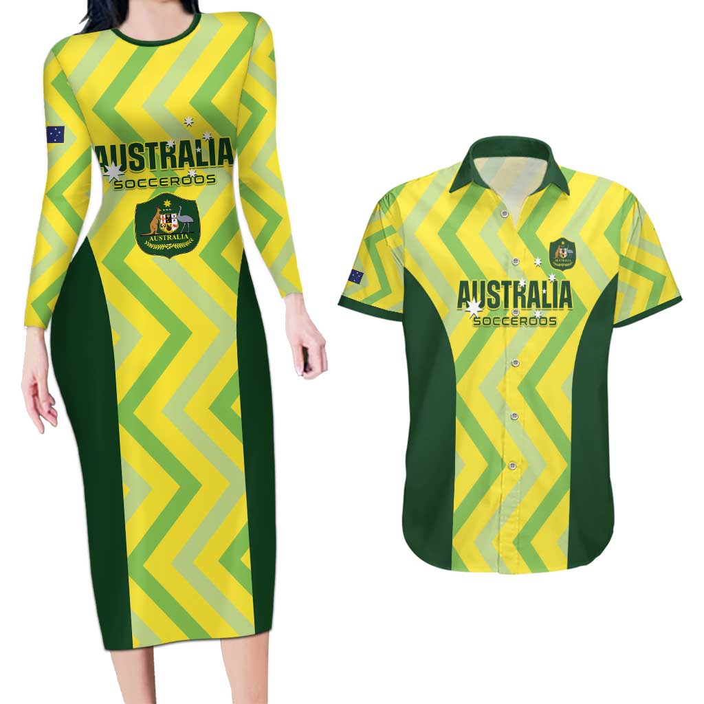 Custom Australia Socceroos 2025 Couples Matching Long Sleeve Bodycon Dress and Hawaiian Shirt Forever Golden - Aussie Hoodie