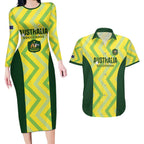 Custom Australia Socceroos 2025 Couples Matching Long Sleeve Bodycon Dress and Hawaiian Shirt Forever Golden - Aussie Hoodie