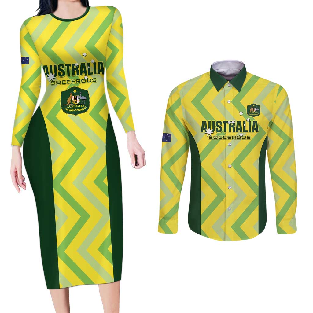 Custom Australia Socceroos 2025 Couples Matching Long Sleeve Bodycon Dress and Long Sleeve Button Shirt Forever Golden - Aussie Hoodie