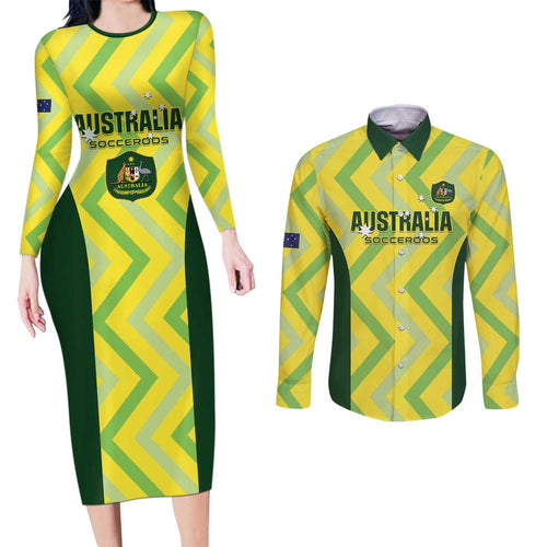 Custom Australia Socceroos 2025 Couples Matching Long Sleeve Bodycon Dress and Long Sleeve Button Shirt Forever Golden - Aussie Hoodie