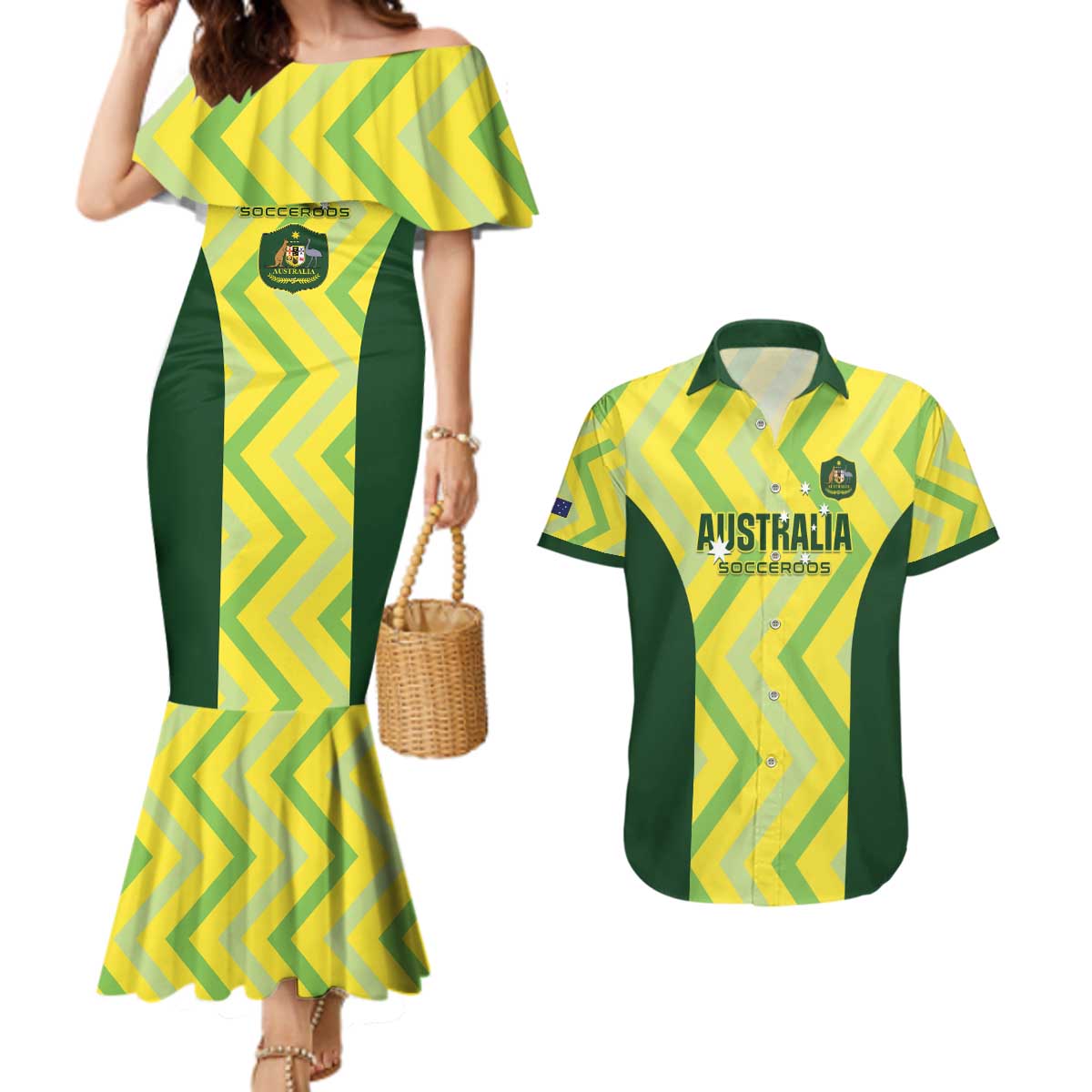 Custom Australia Socceroos 2025 Couples Matching Mermaid Dress and Hawaiian Shirt Forever Golden - Aussie Hoodie
