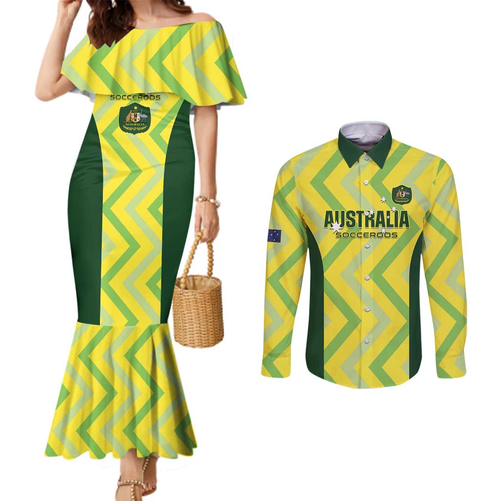Custom Australia Socceroos 2025 Couples Matching Mermaid Dress and Long Sleeve Button Shirt Forever Golden - Aussie Hoodie