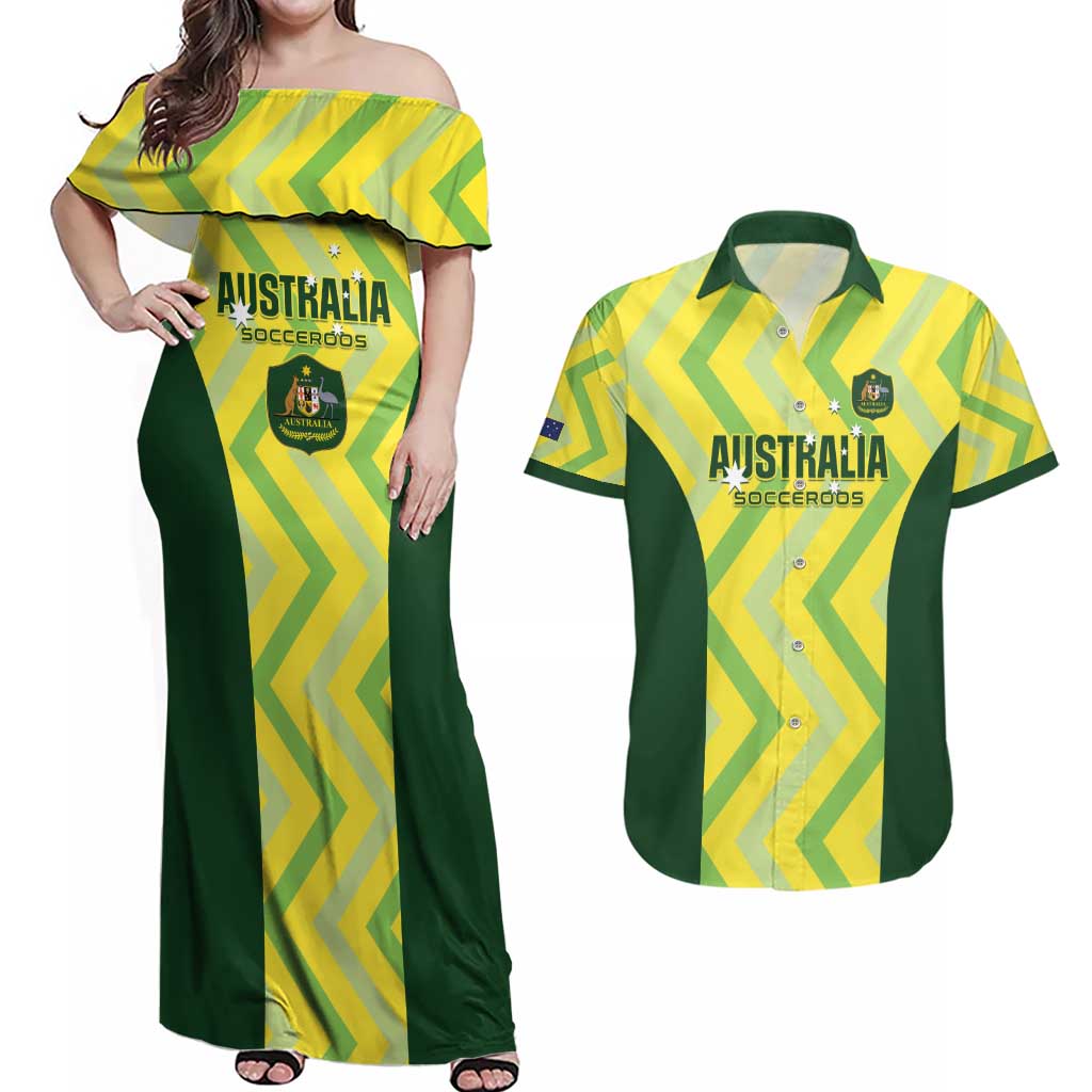 Custom Australia Socceroos 2025 Couples Matching Off Shoulder Maxi Dress and Hawaiian Shirt Forever Golden - Aussie Hoodie