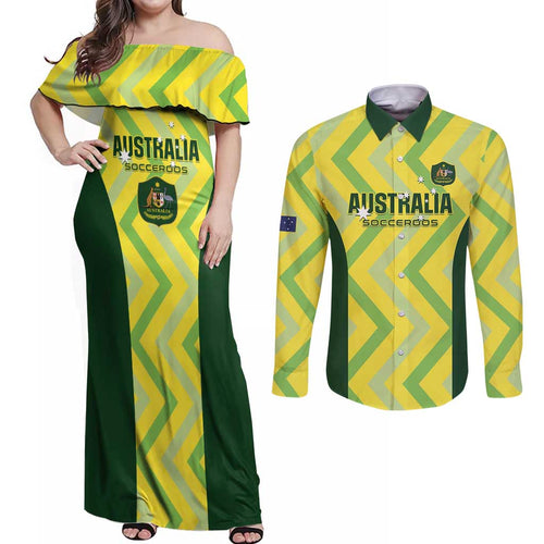 Custom Australia Socceroos 2025 Couples Matching Off Shoulder Maxi Dress and Long Sleeve Button Shirt Forever Golden - Aussie Hoodie