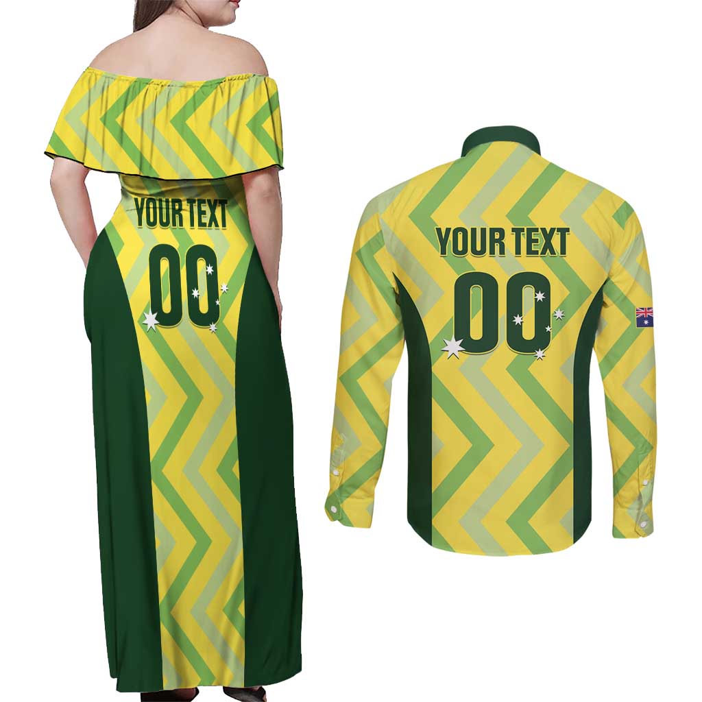 Custom Australia Socceroos 2025 Couples Matching Off Shoulder Maxi Dress and Long Sleeve Button Shirt Forever Golden - Aussie Hoodie