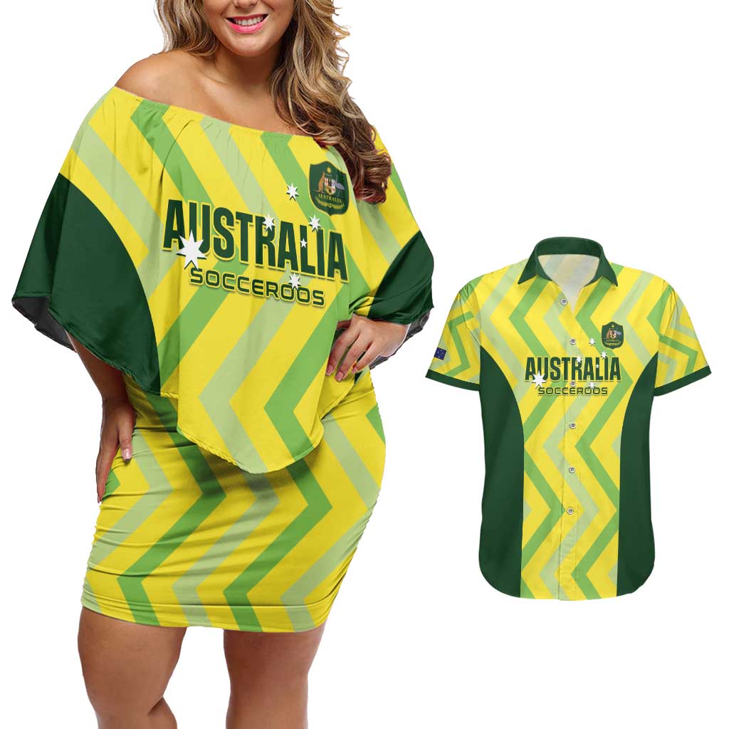 Custom Australia Socceroos 2025 Couples Matching Off Shoulder Short Dress and Hawaiian Shirt Forever Golden - Aussie Hoodie
