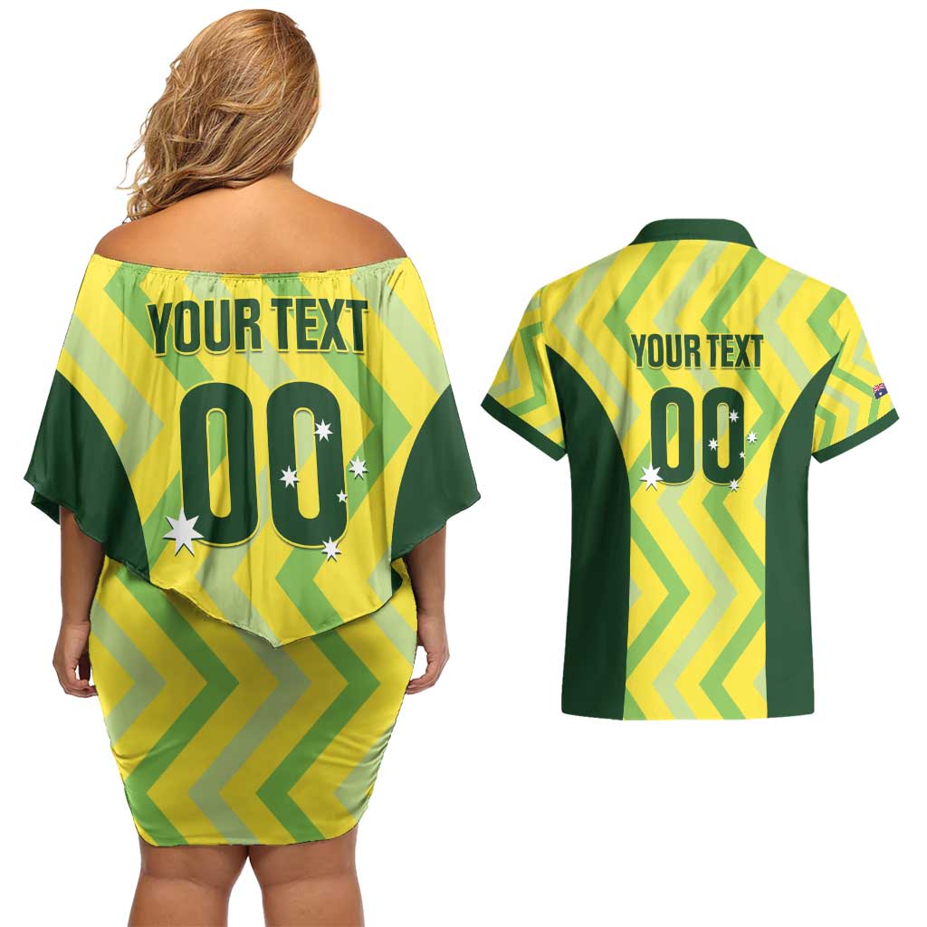 Custom Australia Socceroos 2025 Couples Matching Off Shoulder Short Dress and Hawaiian Shirt Forever Golden - Aussie Hoodie