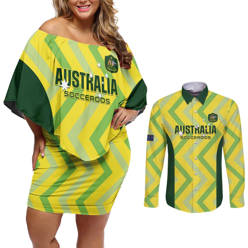 Custom Australia Socceroos 2025 Couples Matching Off Shoulder Short Dress and Long Sleeve Button Shirt Forever Golden - Aussie Hoodie