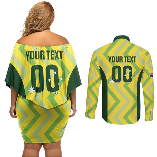 Custom Australia Socceroos 2025 Couples Matching Off Shoulder Short Dress and Long Sleeve Button Shirt Forever Golden - Aussie Hoodie