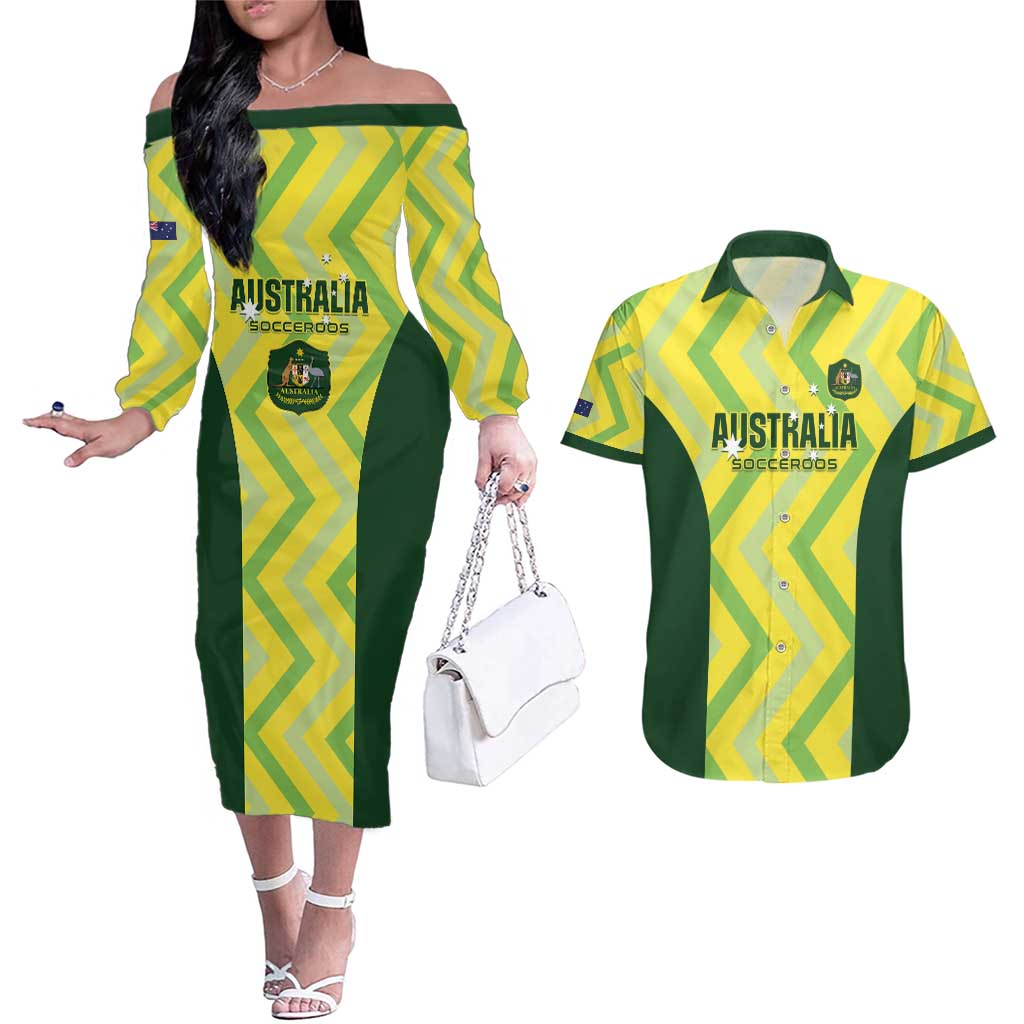 Custom Australia Socceroos 2025 Couples Matching Off The Shoulder Long Sleeve Dress and Hawaiian Shirt Forever Golden - Aussie Hoodie