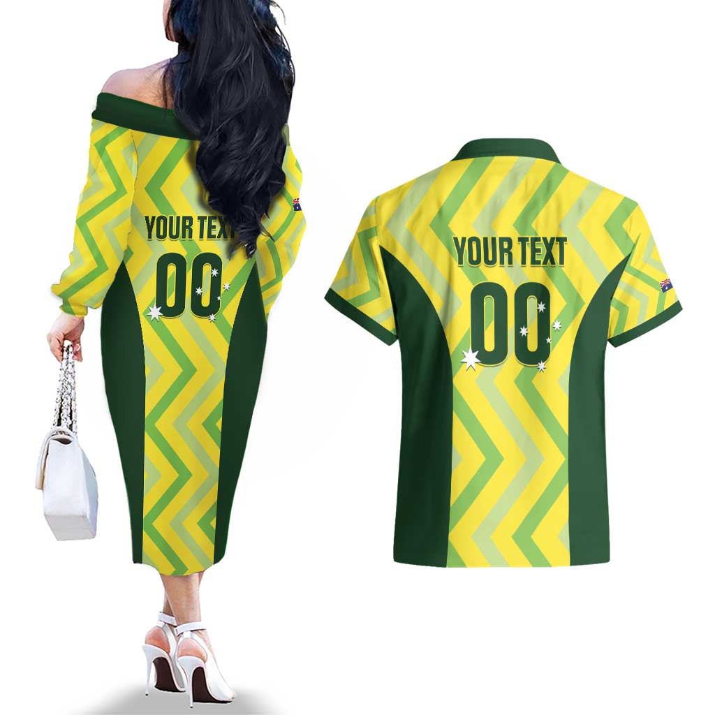 Custom Australia Socceroos 2025 Couples Matching Off The Shoulder Long Sleeve Dress and Hawaiian Shirt Forever Golden - Aussie Hoodie