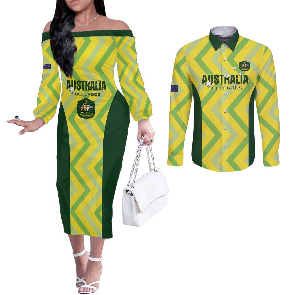 Custom Australia Socceroos 2025 Couples Matching Off The Shoulder Long Sleeve Dress and Long Sleeve Button Shirt Forever Golden - Aussie Hoodie