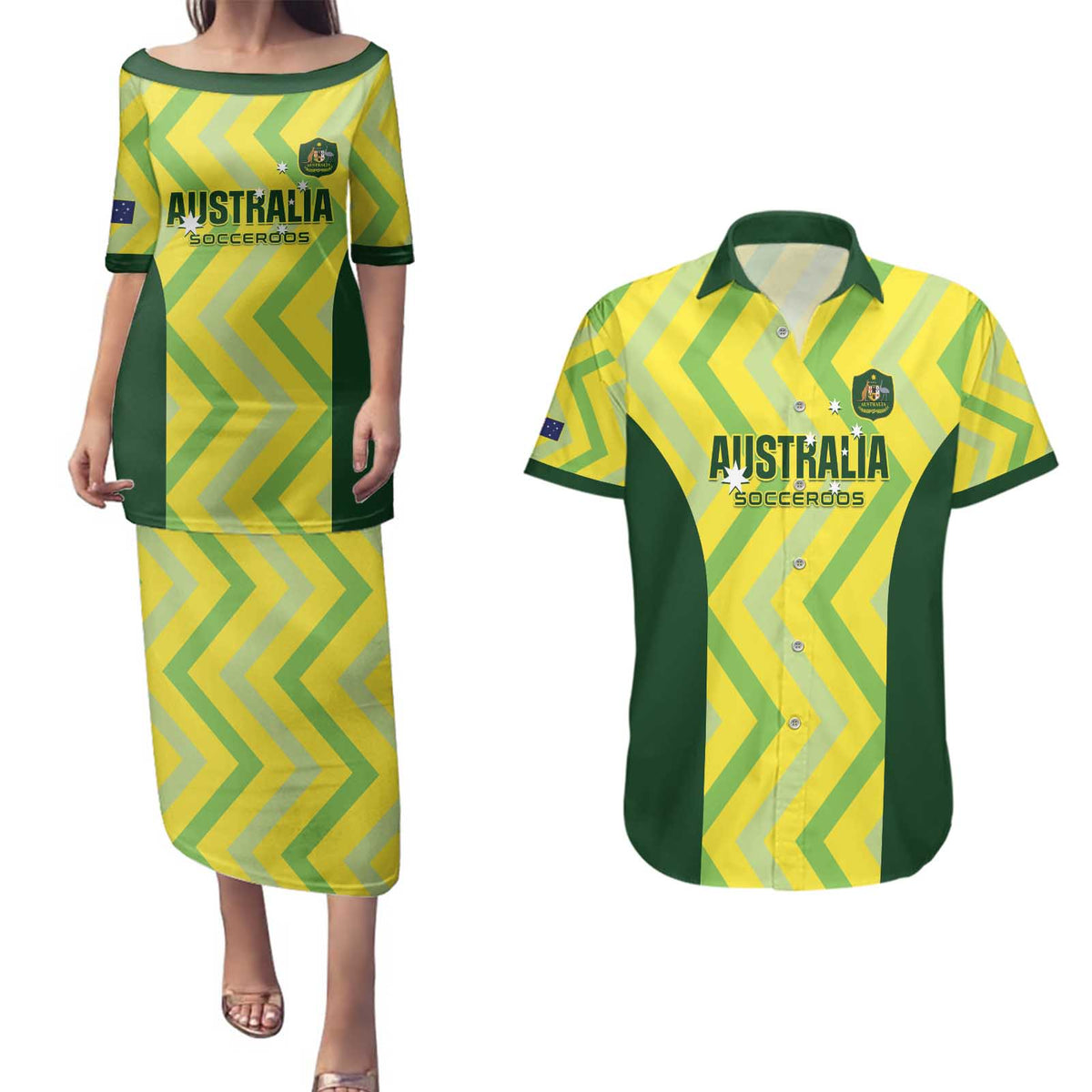 Custom Australia Socceroos 2025 Couples Matching Puletasi and Hawaiian Shirt Forever Golden - Aussie Hoodie