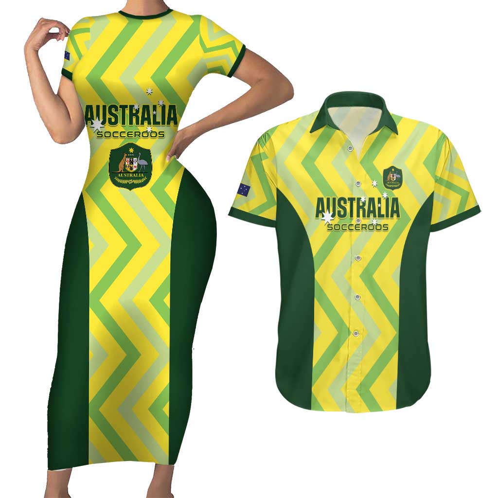 Custom Australia Socceroos 2025 Couples Matching Short Sleeve Bodycon Dress and Hawaiian Shirt Forever Golden - Aussie Hoodie