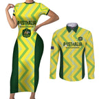 Custom Australia Socceroos 2025 Couples Matching Short Sleeve Bodycon Dress and Long Sleeve Button Shirt Forever Golden - Aussie Hoodie