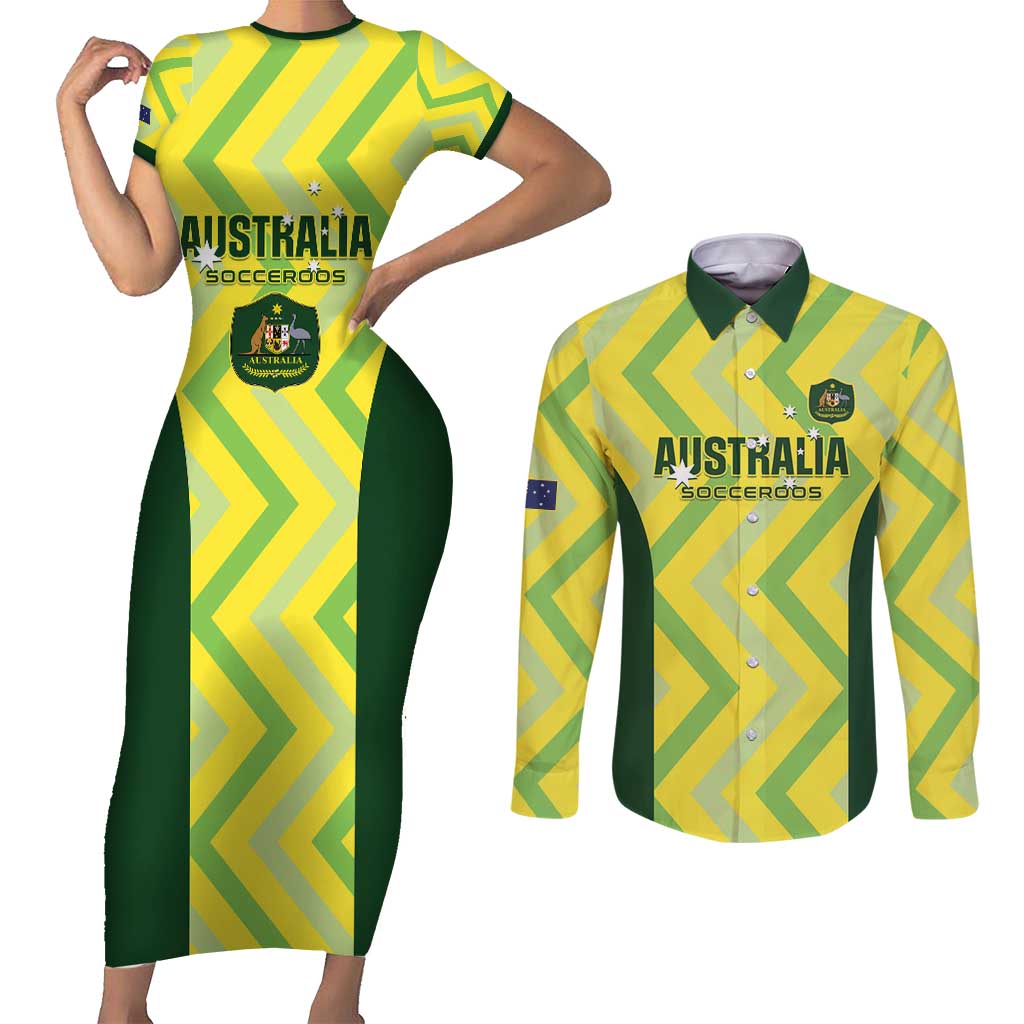 Custom Australia Socceroos 2025 Couples Matching Short Sleeve Bodycon Dress and Long Sleeve Button Shirt Forever Golden - Aussie Hoodie