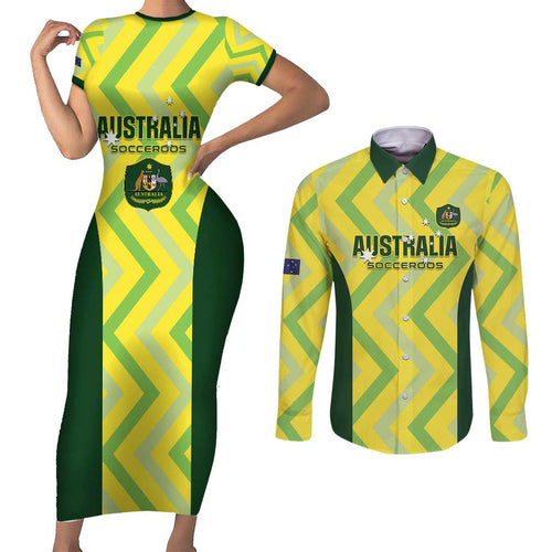 Custom Australia Socceroos 2025 Couples Matching Short Sleeve Bodycon Dress and Long Sleeve Button Shirt Forever Golden - Aussie Hoodie
