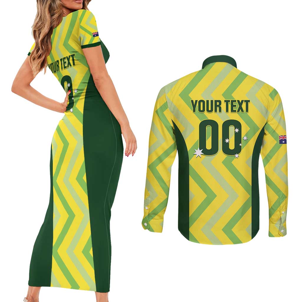 Custom Australia Socceroos 2025 Couples Matching Short Sleeve Bodycon Dress and Long Sleeve Button Shirt Forever Golden - Aussie Hoodie