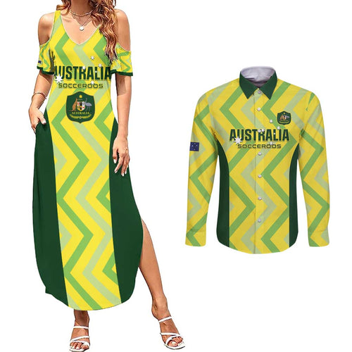 Custom Australia Socceroos 2025 Couples Matching Summer Maxi Dress and Long Sleeve Button Shirt Forever Golden - Aussie Hoodie