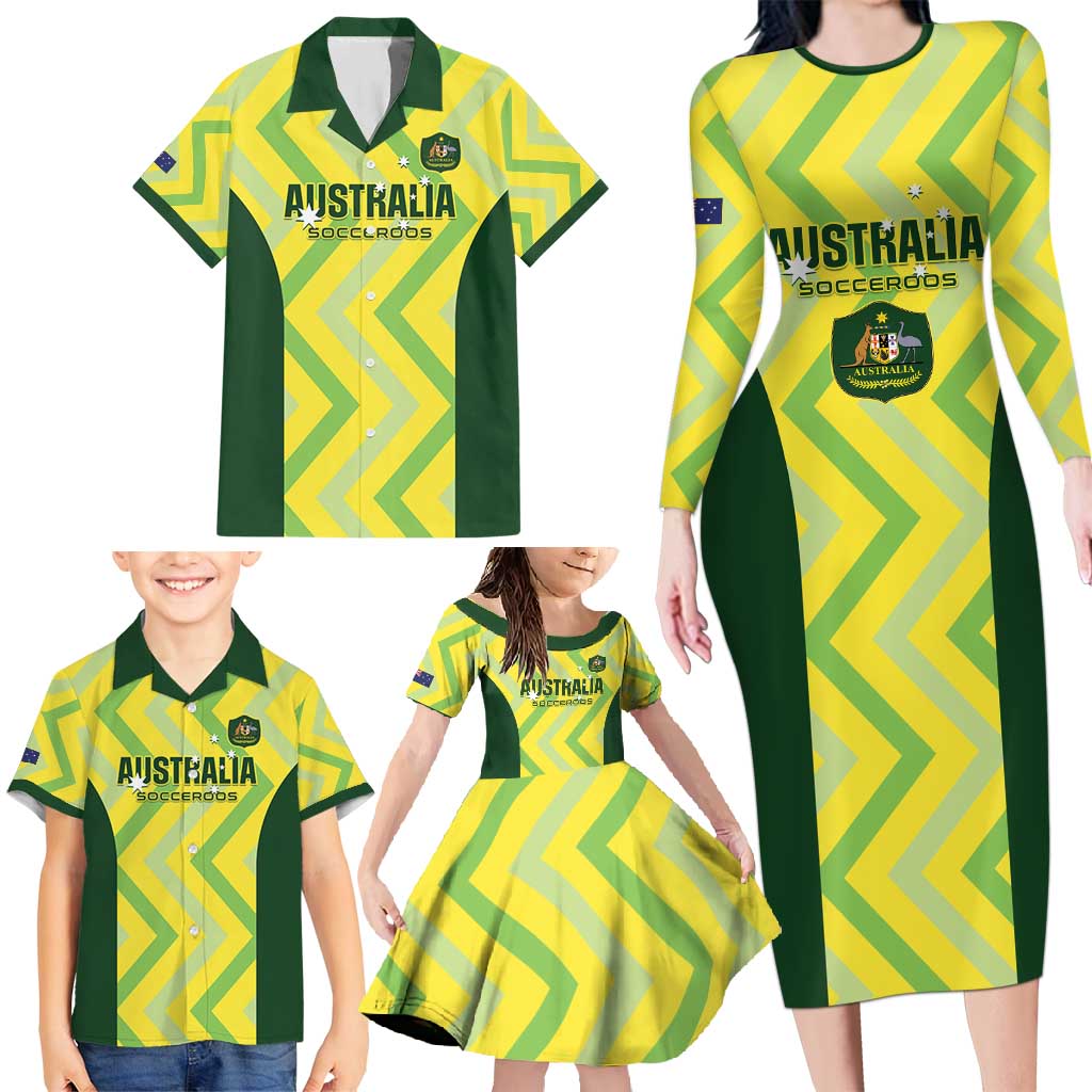 Custom Australia Socceroos 2025 Family Matching Long Sleeve Bodycon Dress and Hawaiian Shirt Forever Golden - Aussie Hoodie