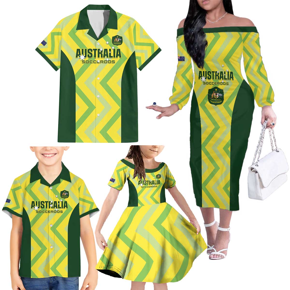 Custom Australia Socceroos 2025 Family Matching Off The Shoulder Long Sleeve Dress and Hawaiian Shirt Forever Golden - Aussie Hoodie