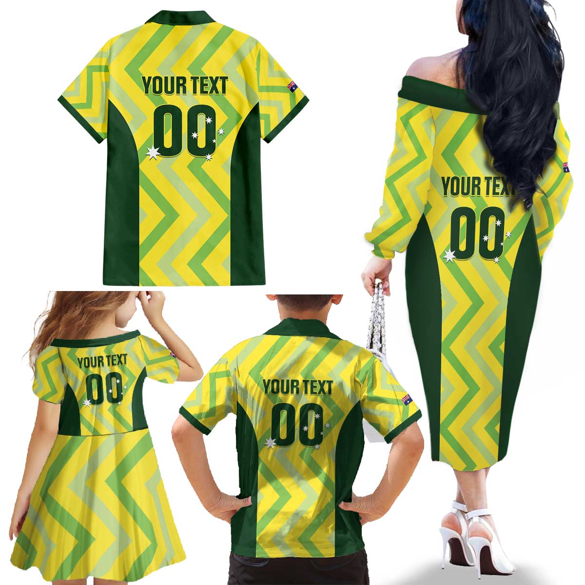 Custom Australia Socceroos 2025 Family Matching Off The Shoulder Long Sleeve Dress and Hawaiian Shirt Forever Golden - Aussie Hoodie