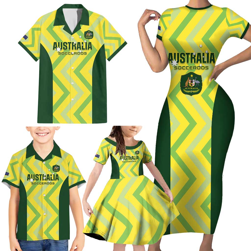 Custom Australia Socceroos 2025 Family Matching Short Sleeve Bodycon Dress and Hawaiian Shirt Forever Golden - Aussie Hoodie