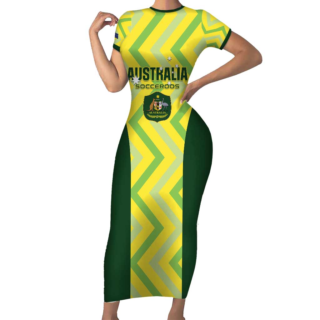 Custom Australia Socceroos 2025 Family Matching Short Sleeve Bodycon Dress and Hawaiian Shirt Forever Golden - Aussie Hoodie