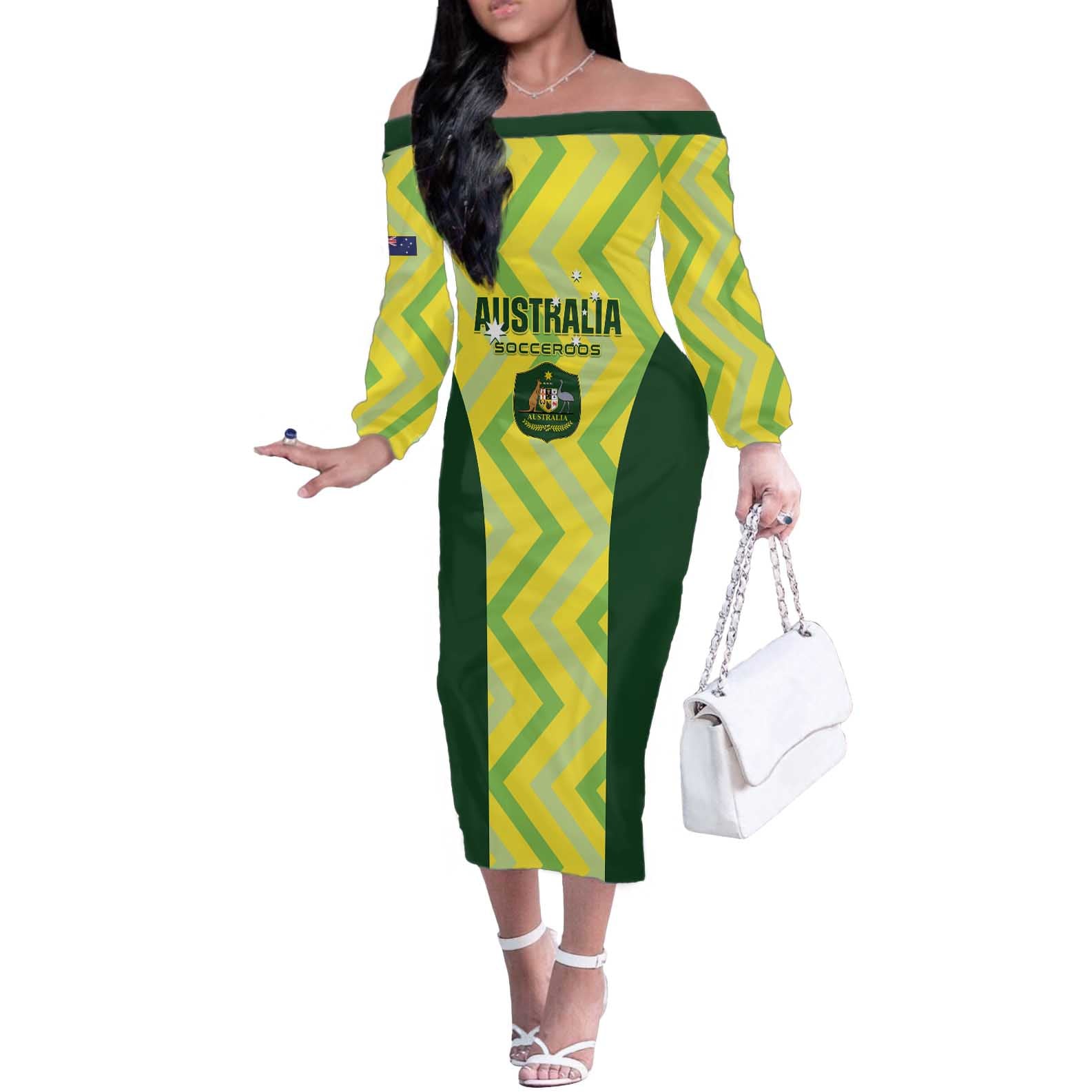 Custom Australia Socceroos 2025 Off The Shoulder Long Sleeve Dress Forever Golden - Aussie Hoodie