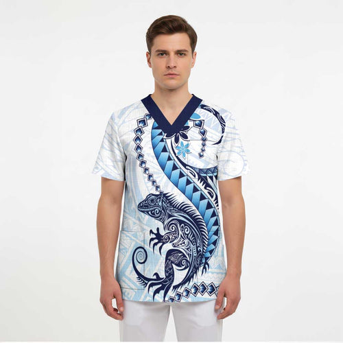 Blue Maori Tuatara Scrub Top Luxury Pastel Pattern - Aussie Hoodie