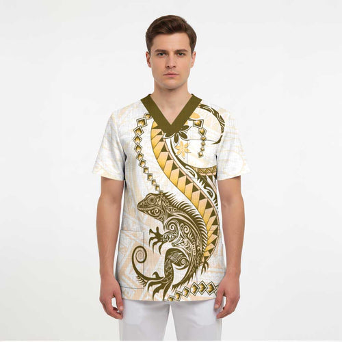Gold Maori Tuatara Scrub Top Luxury Pastel Pattern - Aussie Hoodie