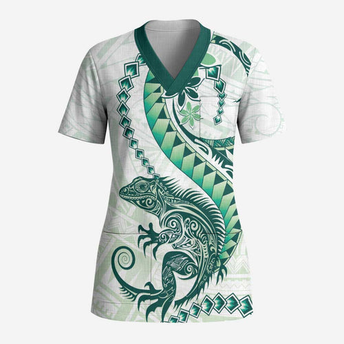 Green Maori Tuatara Scrub Top Luxury Pastel Pattern - Aussie Hoodie