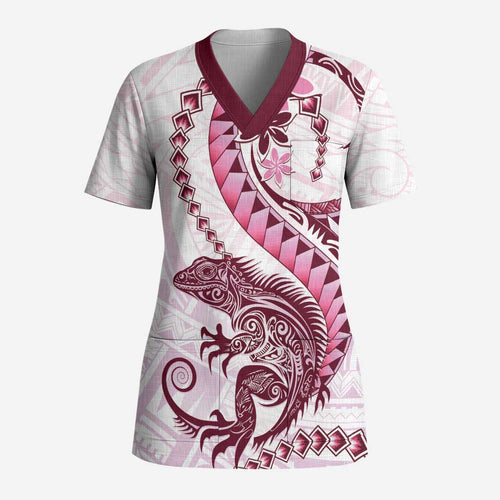 Pink Maori Tuatara Scrub Top Luxury Pastel Pattern - Aussie Hoodie