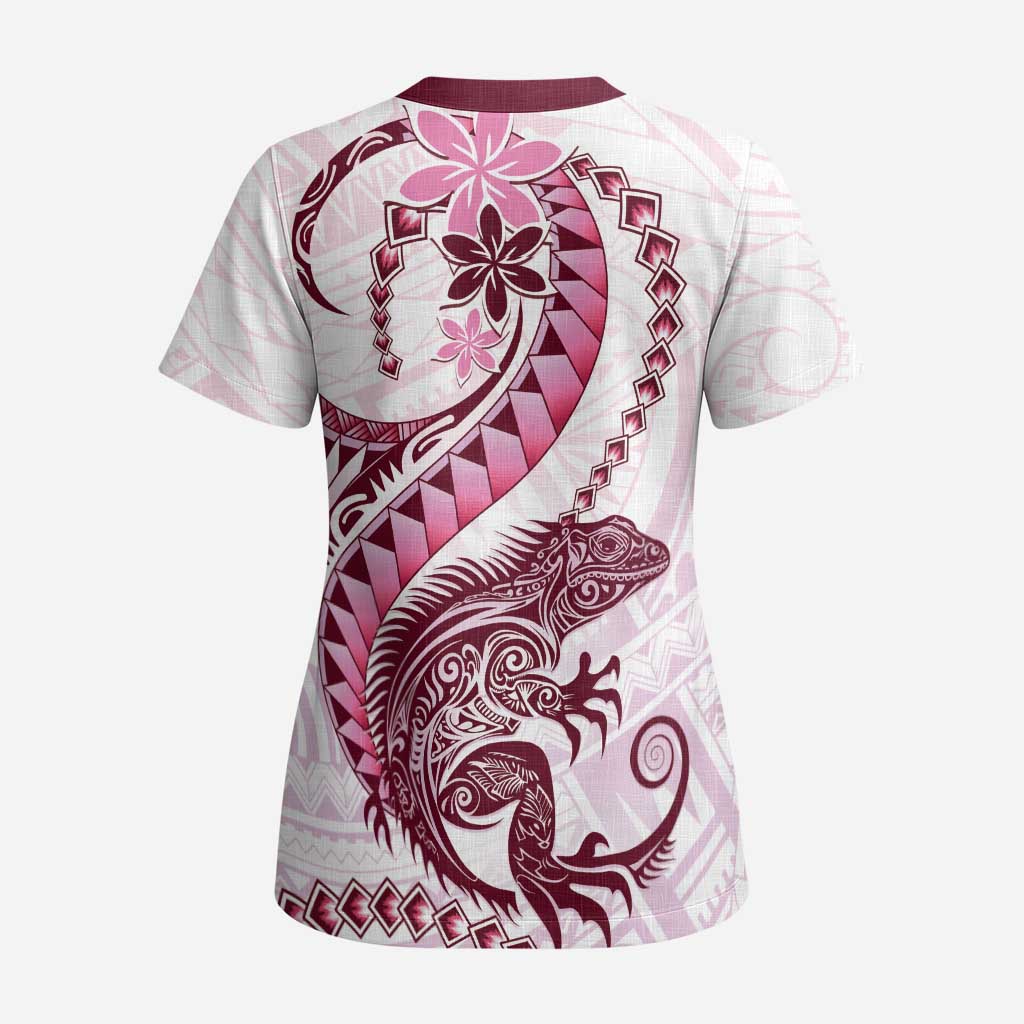 Pink Maori Tuatara Scrub Top Luxury Pastel Pattern - Aussie Hoodie