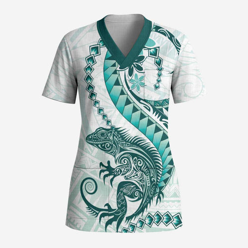 Teal Maori Tuatara Scrub Top Luxury Pastel Pattern - Aussie Hoodie