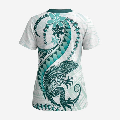 Teal Maori Tuatara Scrub Top Luxury Pastel Pattern - Aussie Hoodie