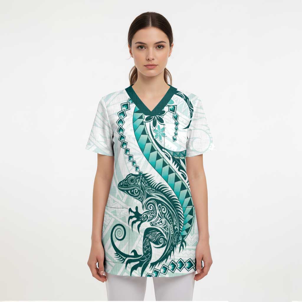 Teal Maori Tuatara Scrub Top Luxury Pastel Pattern - Aussie Hoodie